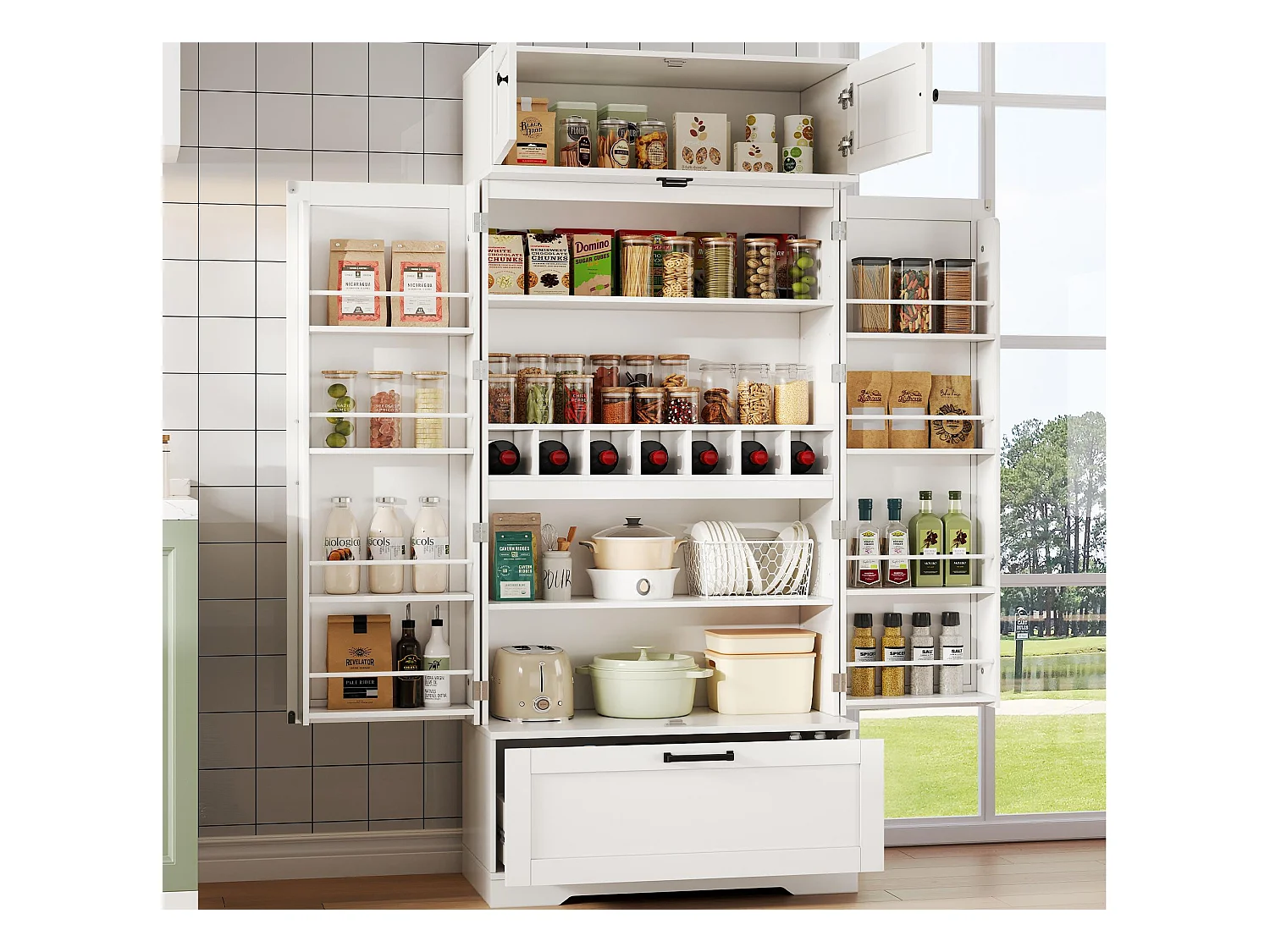 Buffet de cuisine 80x40x180cm - avec étagères réglables et casier à vin - avec 1 tiroir et 4 portes - Blanc
