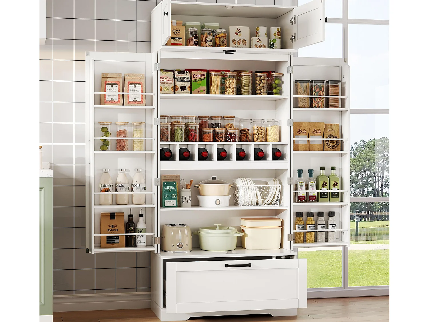 Buffet kuchenny 80x40x180 cm - z regulowanymi półkami i stojakiem na wino - z 1 szufladą i 4 drzwiami - Biały