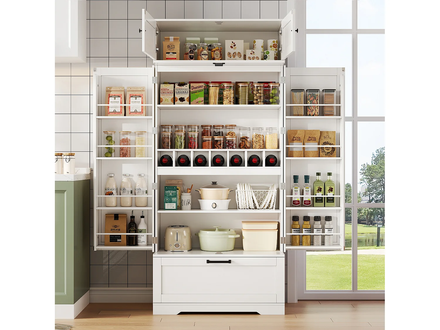 Buffet kuchenny 80x40x180 cm - z regulowanymi półkami i stojakiem na wino - z 1 szufladą i 4 drzwiami - Biały