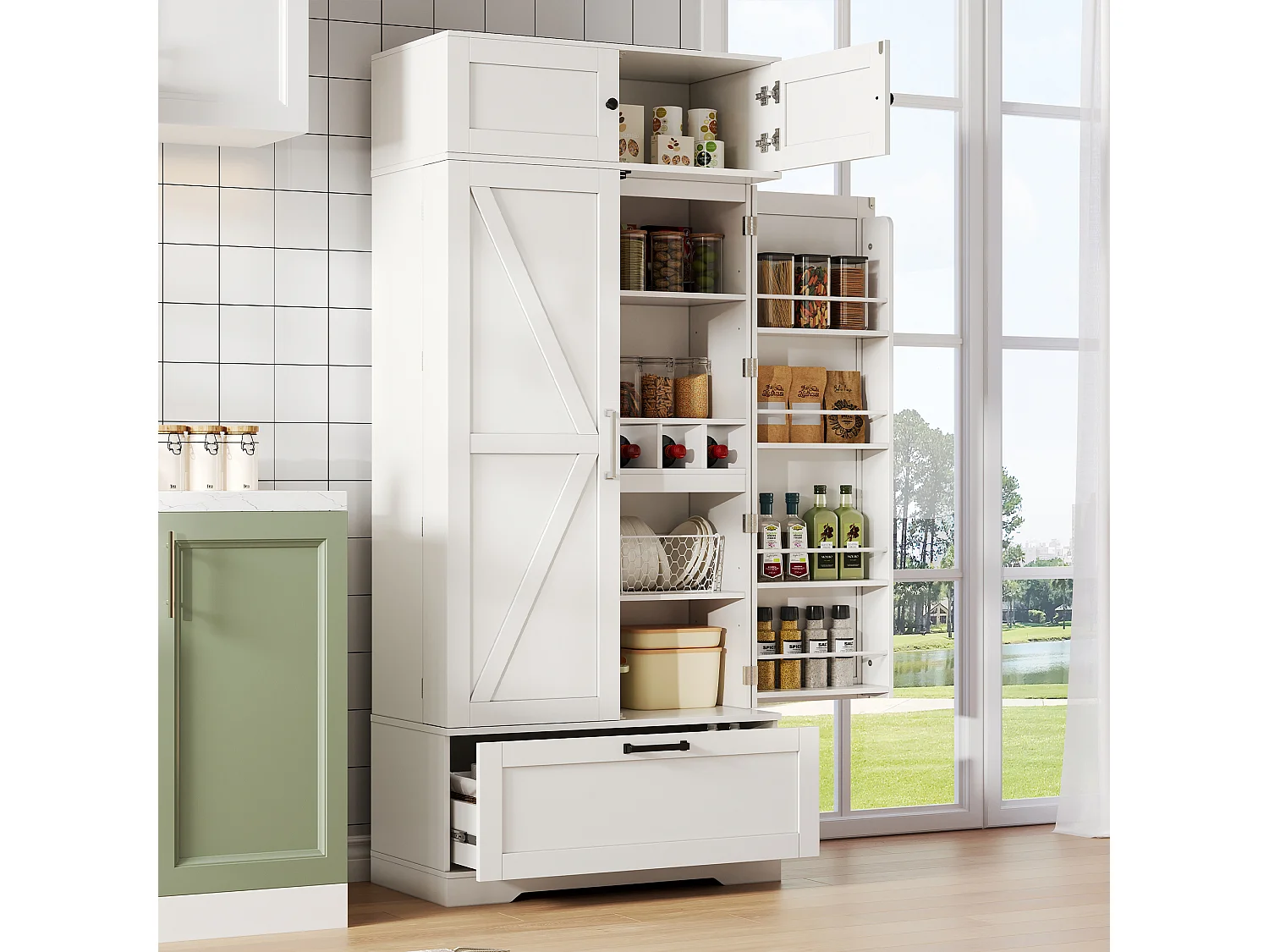 Buffet kuchenny 80x40x180 cm - z regulowanymi półkami i stojakiem na wino - z 1 szufladą i 4 drzwiami - Biały