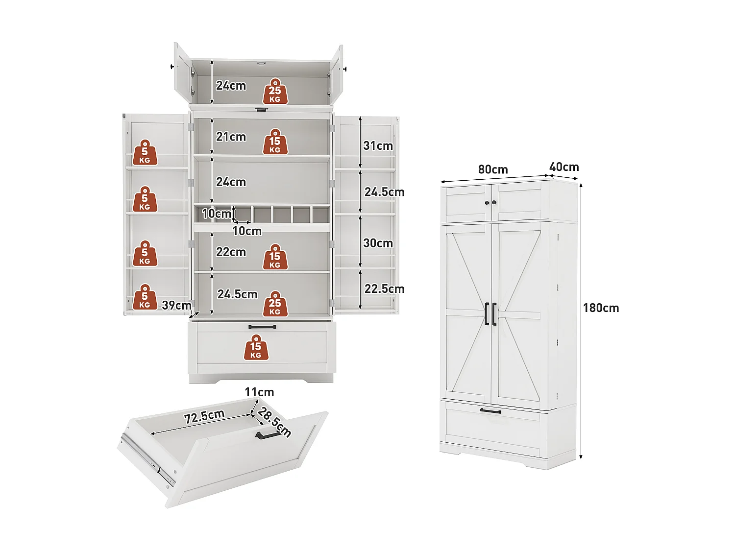 Buffet kuchenny 80x40x180 cm - z regulowanymi półkami i stojakiem na wino - z 1 szufladą i 4 drzwiami - Biały