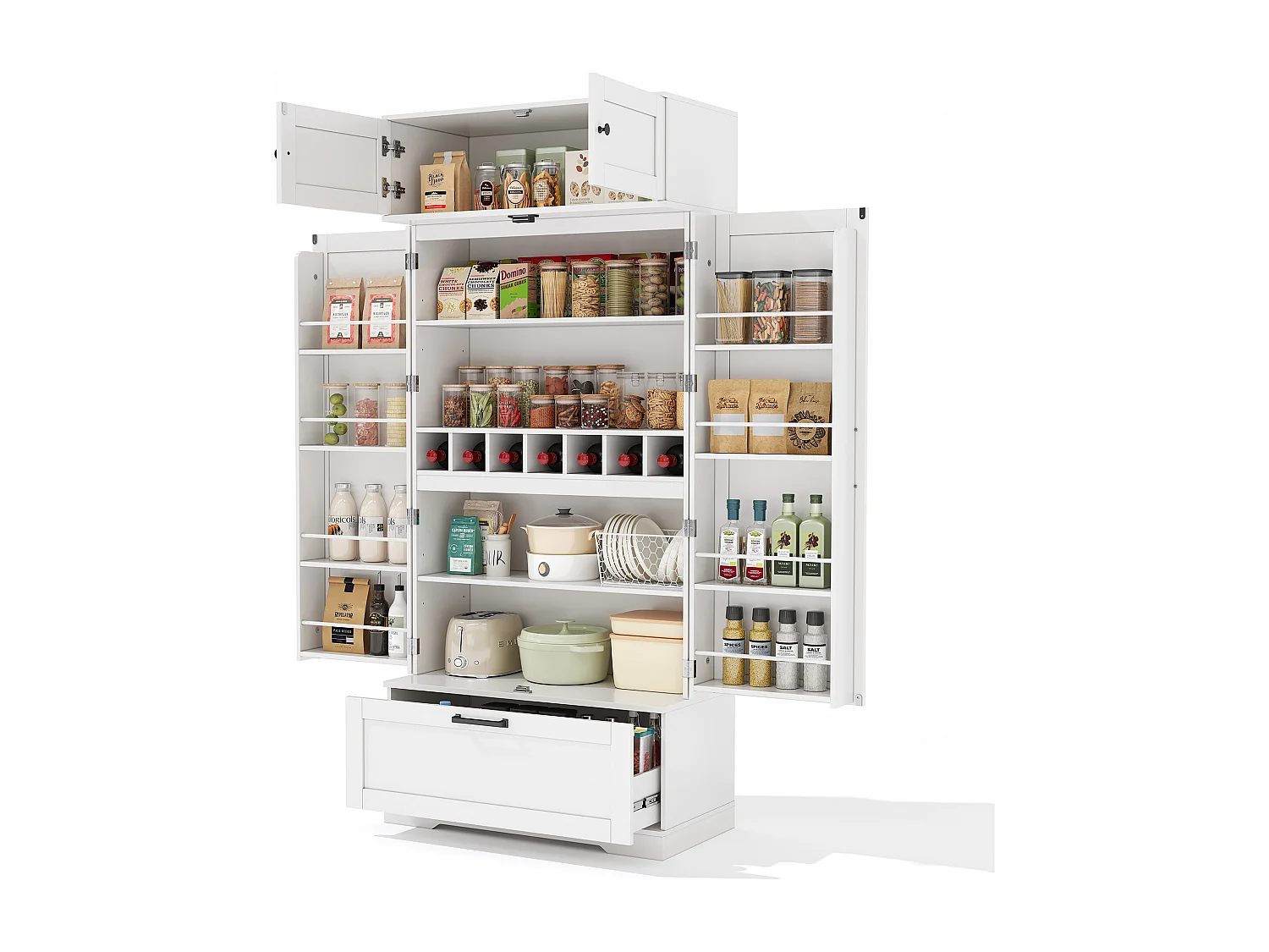 Buffet kuchenny 80x40x180 cm - z regulowanymi półkami i stojakiem na wino - z 1 szufladą i 4 drzwiami - Biały