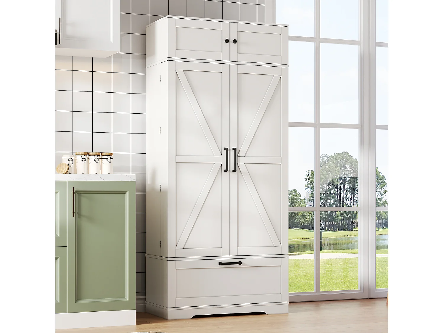 Buffet kuchenny 80x40x180 cm - z regulowanymi półkami i stojakiem na wino - z 1 szufladą i 4 drzwiami - Biały