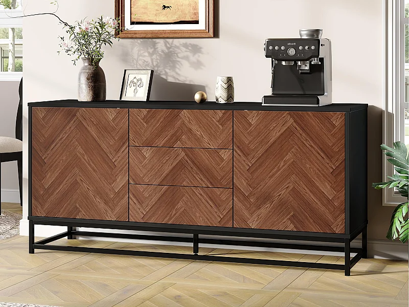 Anrichte 145x40x67 cm - 3 Schubladen und 2 Türen - mit verstellbaren Regalen - Natur + Schwarz