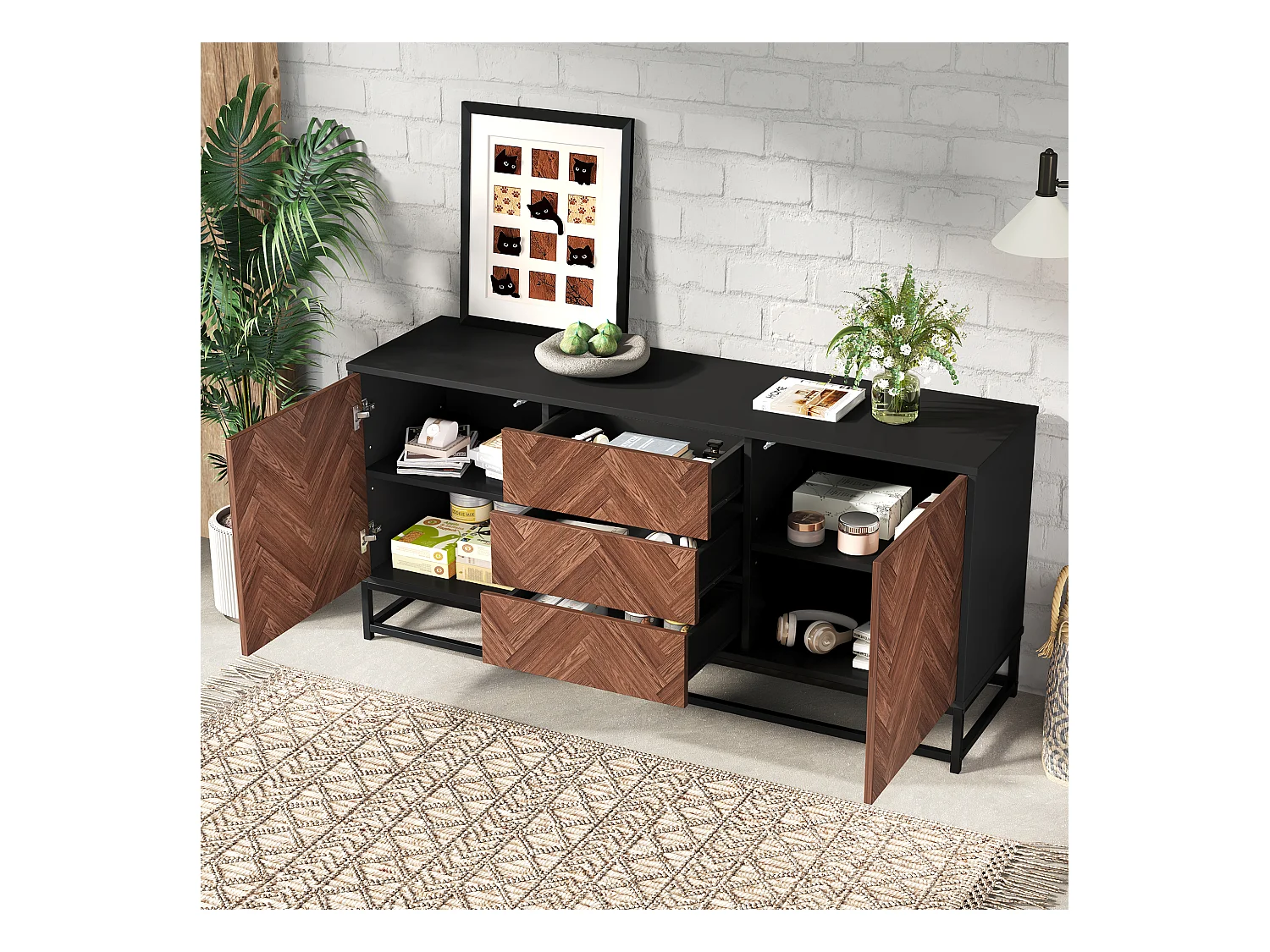 Anrichte 145x40x67 cm - 3 Schubladen und 2 Türen - mit verstellbaren Regalen - Natur + Schwarz