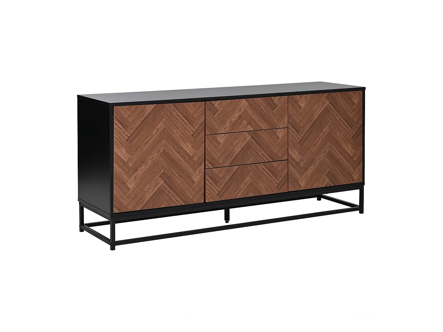 Anrichte 145x40x67 cm - 3 Schubladen und 2 Türen - mit verstellbaren Regalen - Natur + Schwarz