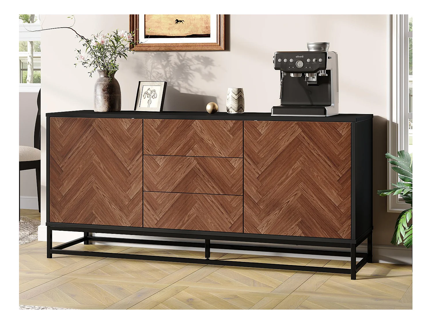 Kredens 145x40x67 cm - 3 szuflady i 2 drzwi - z regulowanymi półkami - Naturalny + Czarny