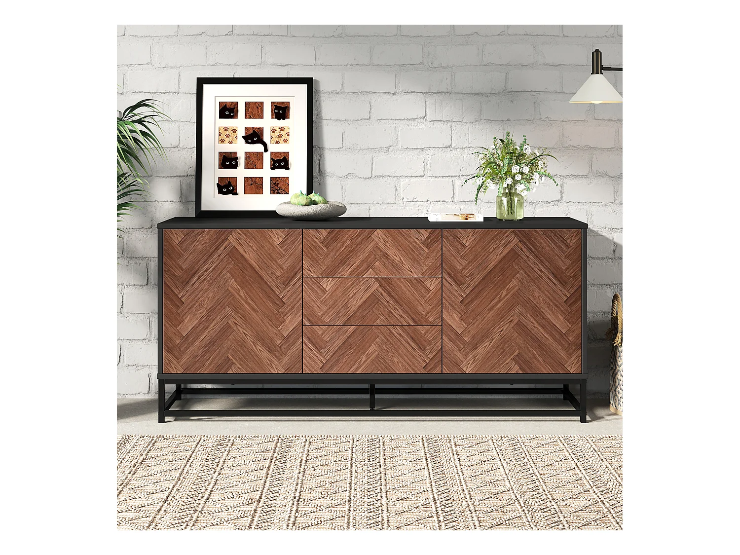 Kredens 145x40x67 cm - 3 szuflady i 2 drzwi - z regulowanymi półkami - Naturalny + Czarny