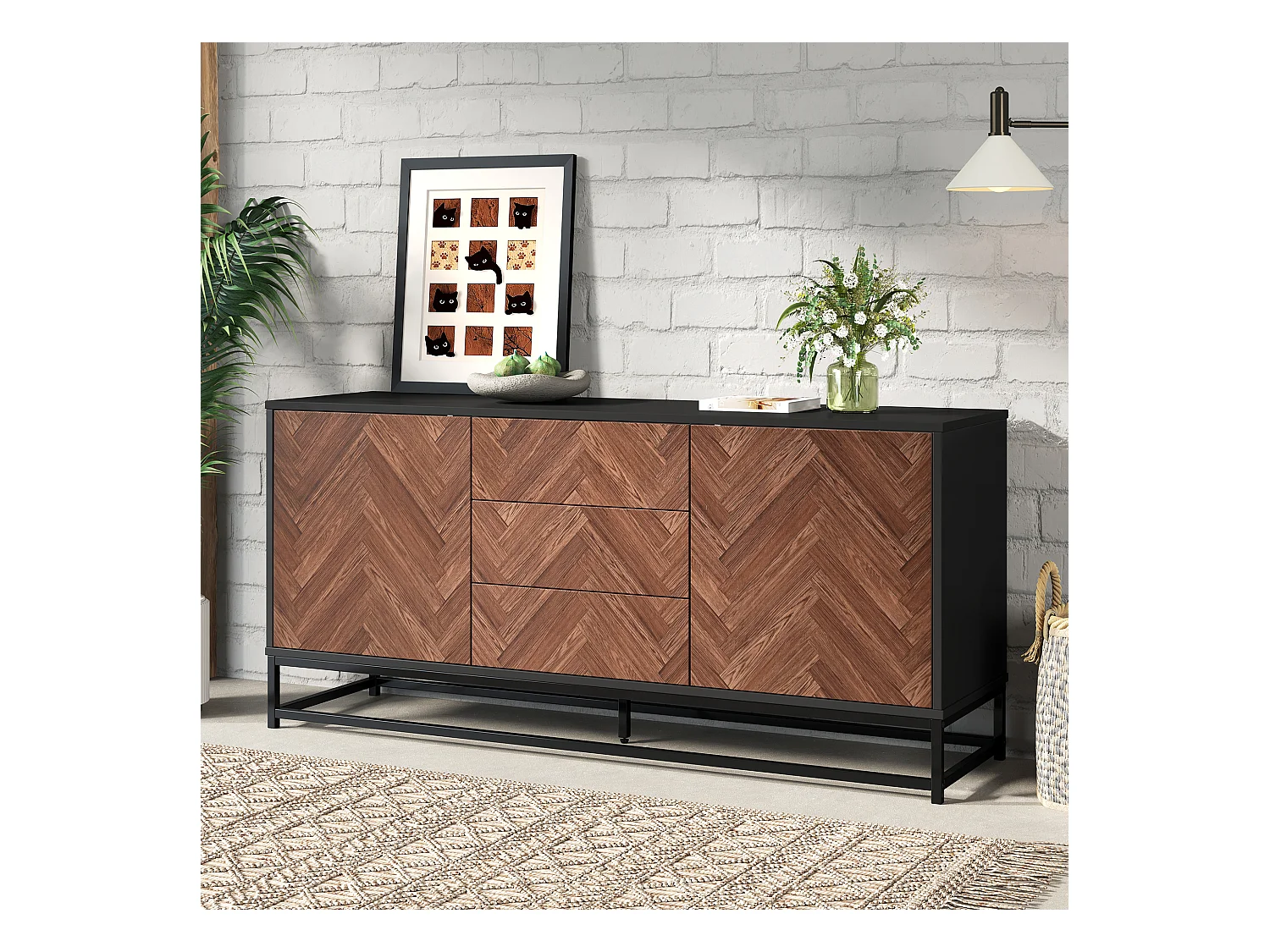 Kredens 145x40x67 cm - 3 szuflady i 2 drzwi - z regulowanymi półkami - Naturalny + Czarny