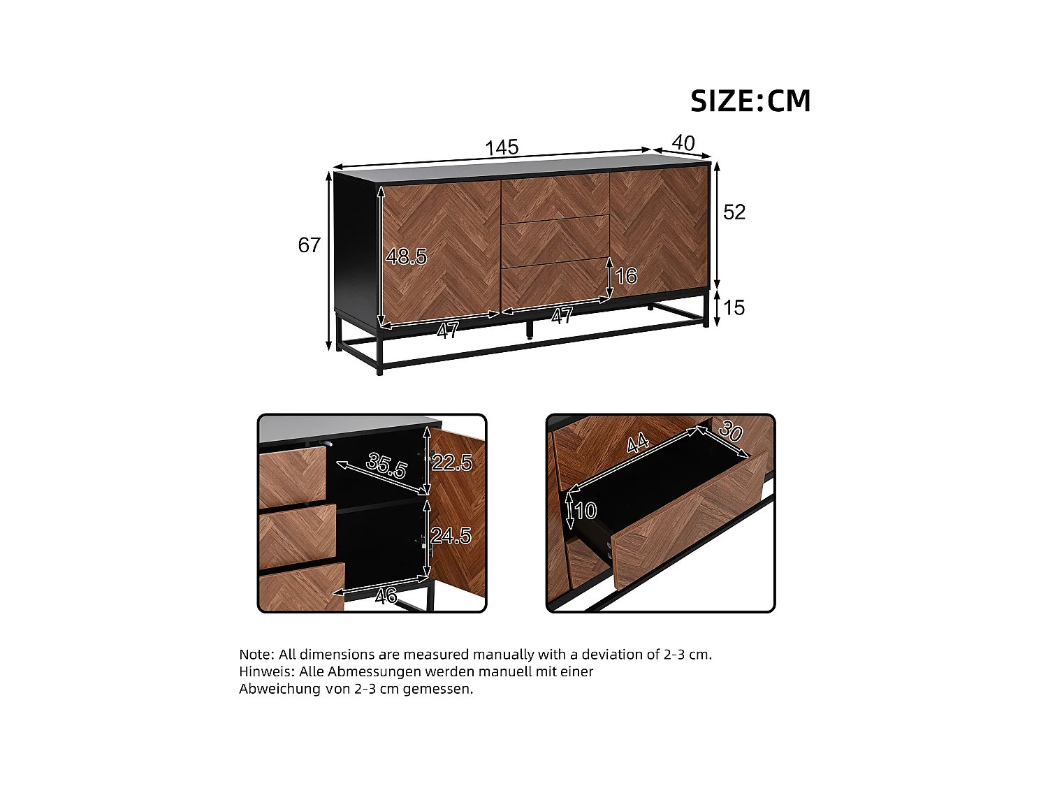 Kredens 145x40x67 cm - 3 szuflady i 2 drzwi - z regulowanymi półkami - Naturalny + Czarny