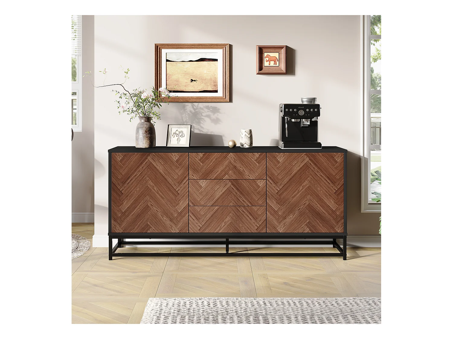 Kredens 145x40x67 cm - 3 szuflady i 2 drzwi - z regulowanymi półkami - Naturalny + Czarny