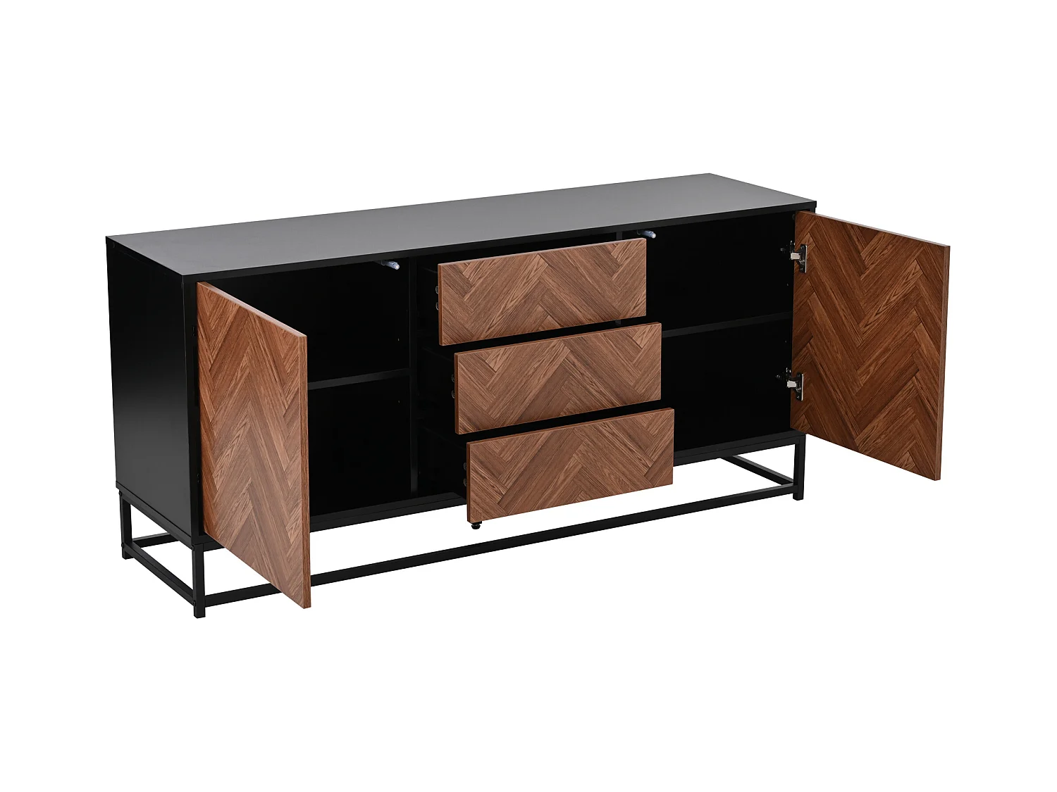 Kredens 145x40x67 cm - 3 szuflady i 2 drzwi - z regulowanymi półkami - Naturalny + Czarny