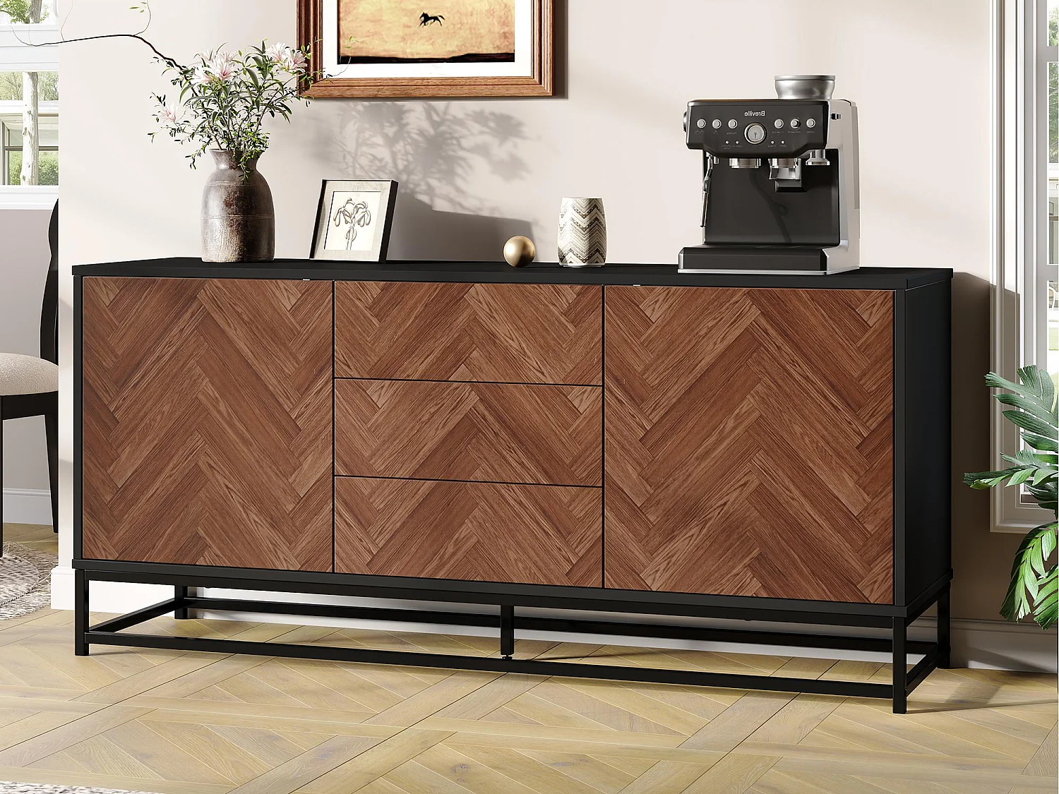 Anrichte 145x40x67 cm - 3 Schubladen und 2 Türen - mit verstellbaren Regalen - Natur + Schwarz