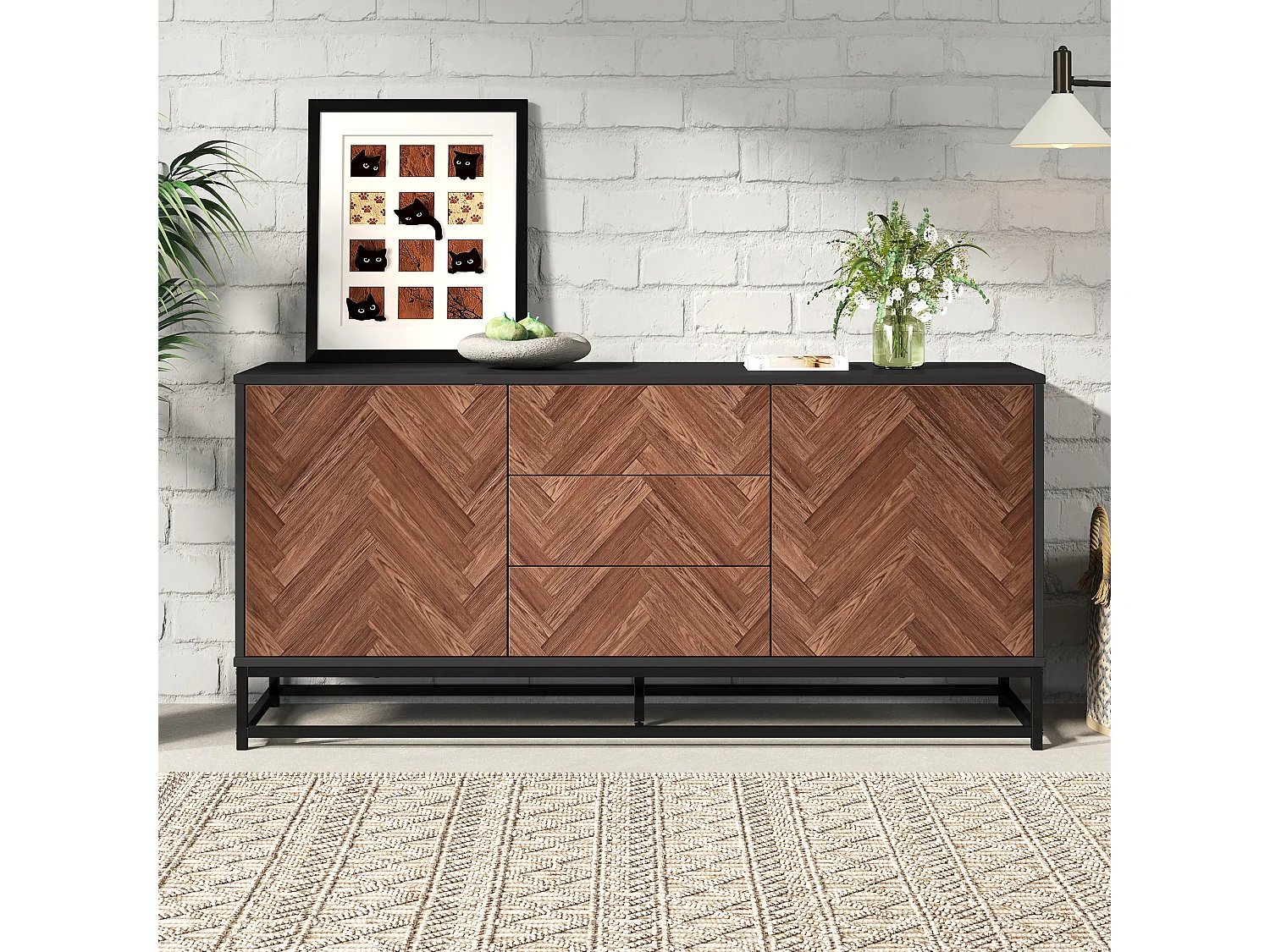 Anrichte 145x40x67 cm - 3 Schubladen und 2 Türen - mit verstellbaren Regalen - Natur + Schwarz