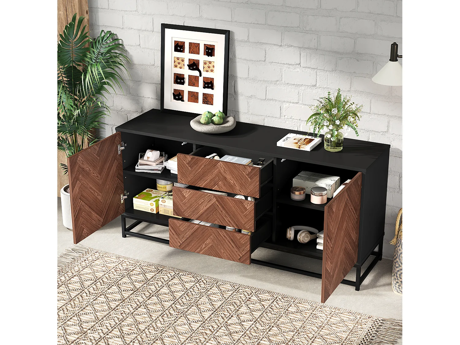 Anrichte 145x40x67 cm - 3 Schubladen und 2 Türen - mit verstellbaren Regalen - Natur + Schwarz