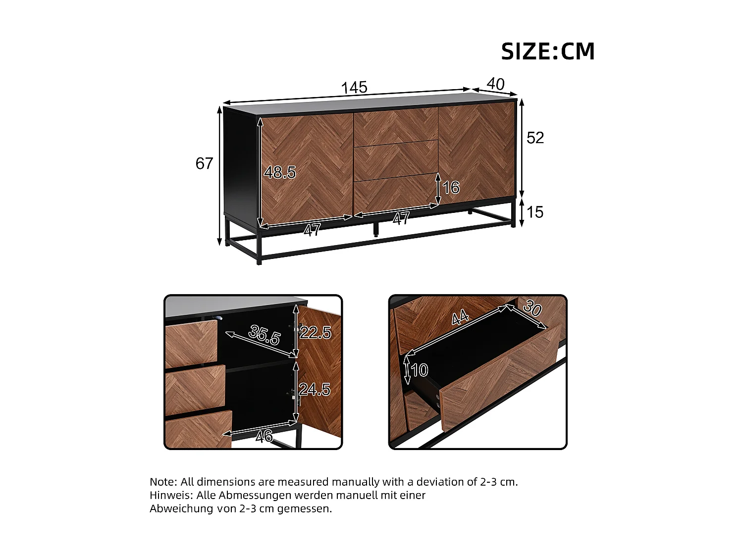 Anrichte 145x40x67 cm - 3 Schubladen und 2 Türen - mit verstellbaren Regalen - Natur + Schwarz