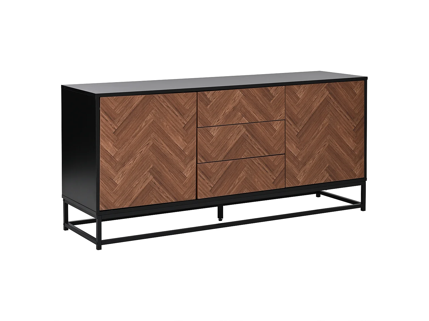 Anrichte 145x40x67 cm - 3 Schubladen und 2 Türen - mit verstellbaren Regalen - Natur + Schwarz