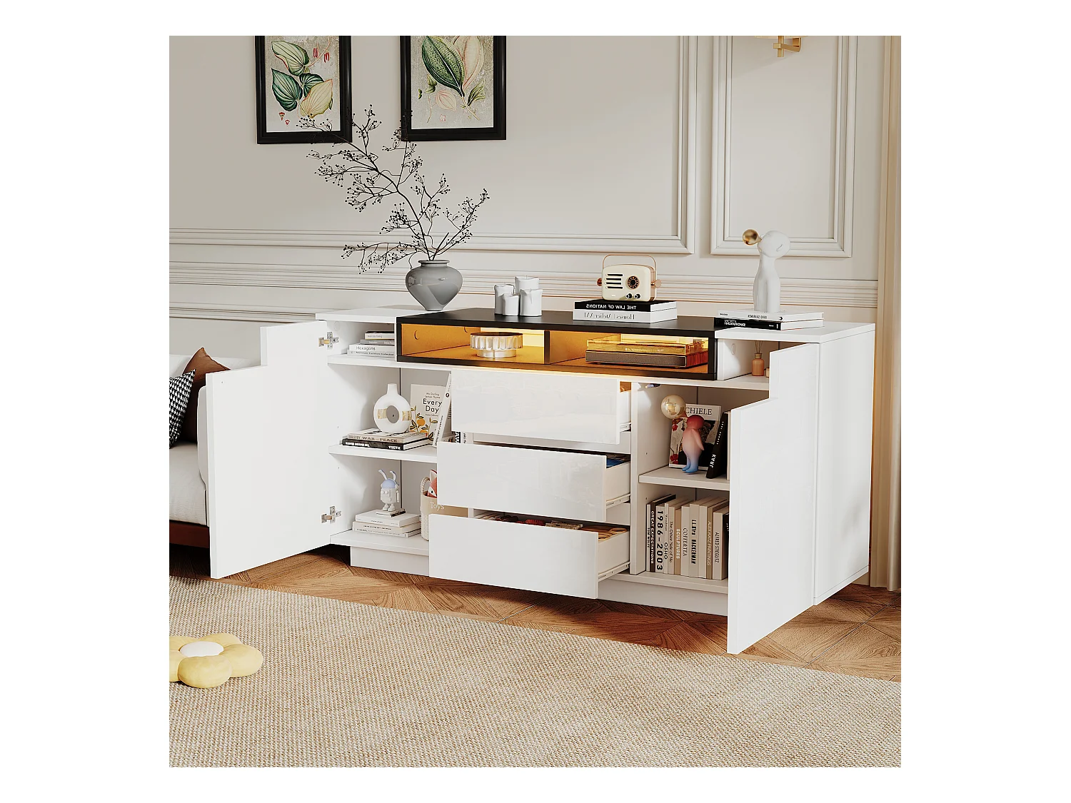 Buffet brillant 140x60x48 cm - 2 portes et 3 tiroirs - avec LED - Étagères réglables - Blanc + Noir