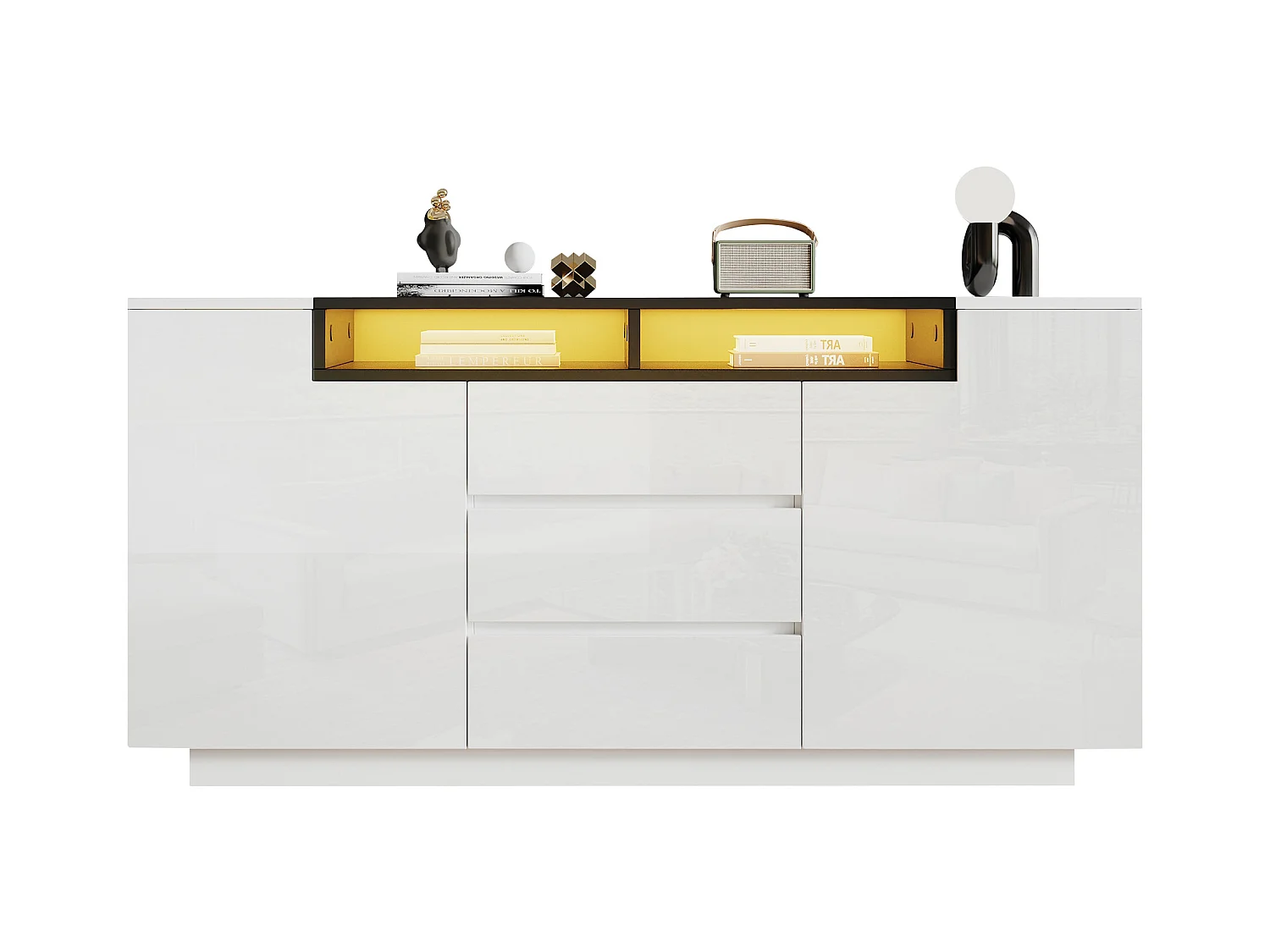 Buffet brillant 140x60x48 cm - 2 portes et 3 tiroirs - avec LED - Étagères réglables - Blanc + Noir