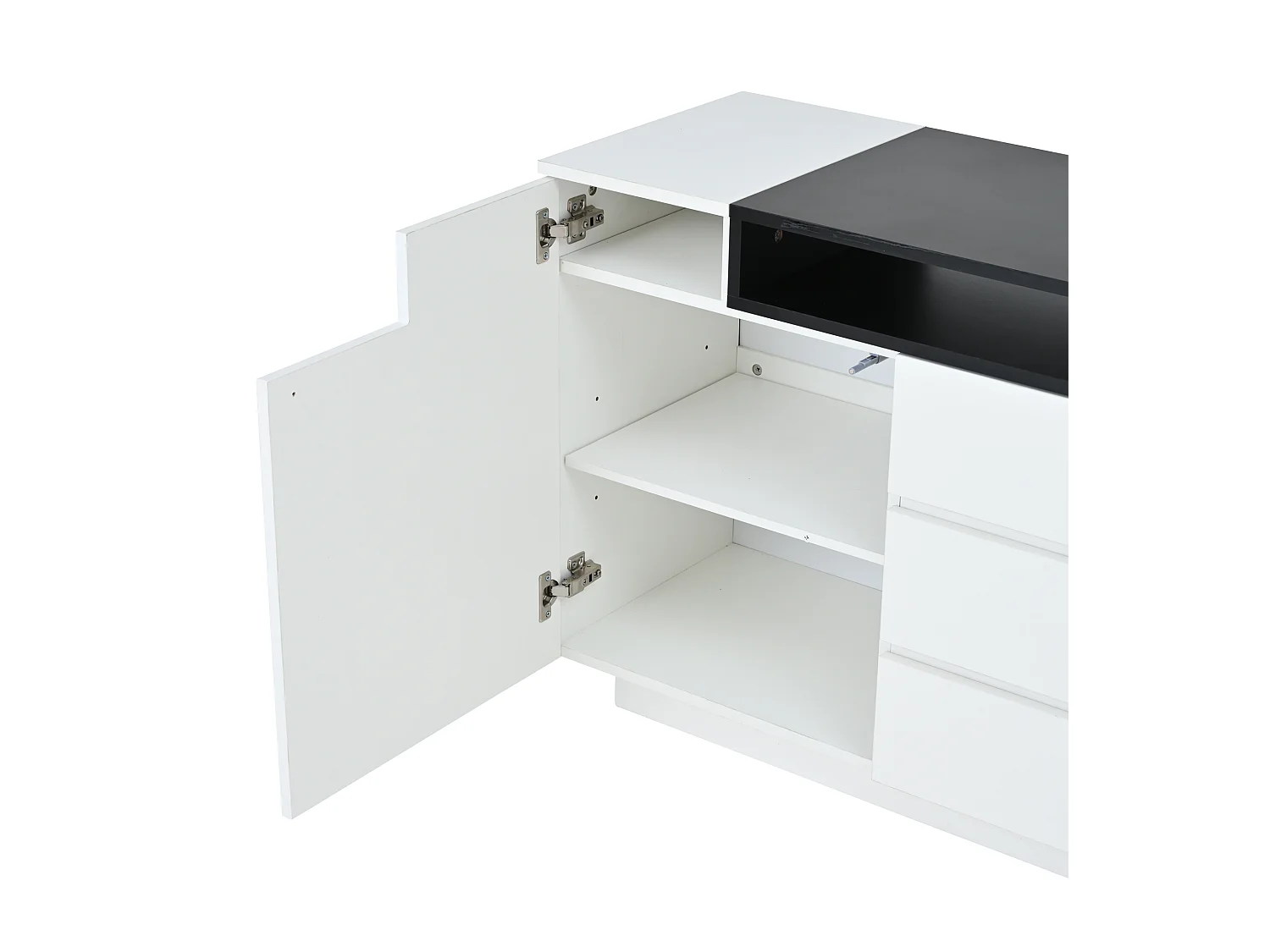 Buffet brillant 140x60x48 cm - 2 portes et 3 tiroirs - avec LED - Étagères réglables - Blanc + Noir