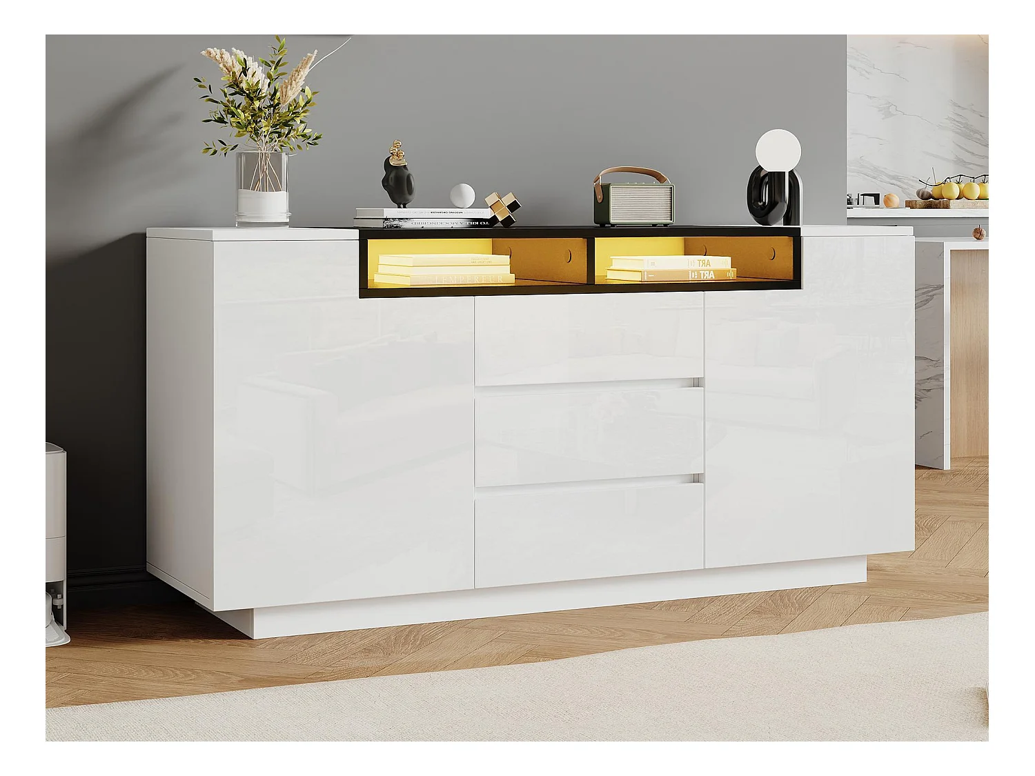 Kredens błyszczący 140x60x48 cm - 2 drzwi i 3 szuflady - z LED - Regulowane półki - Biały + Czarny