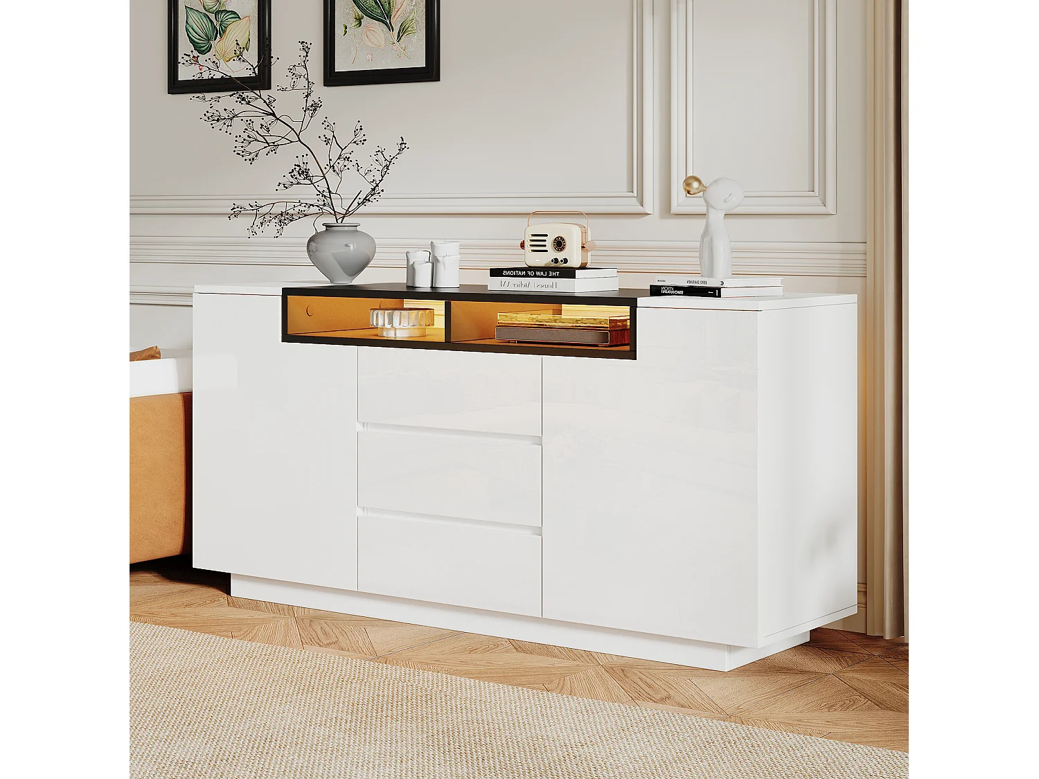 Kredens błyszczący 140x60x48 cm - 2 drzwi i 3 szuflady - z LED - Regulowane półki - Biały + Czarny