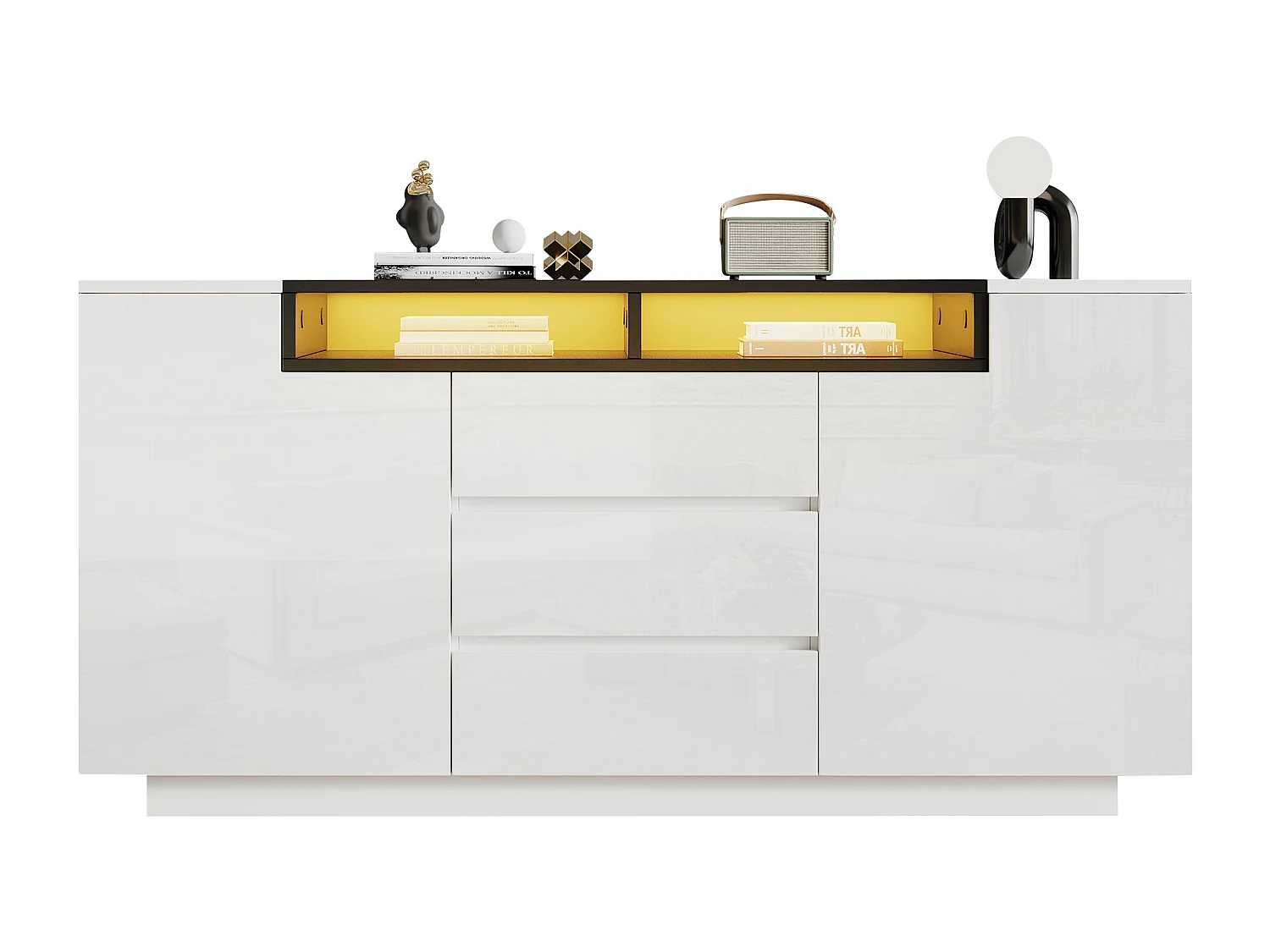 Kredens błyszczący 140x60x48 cm - 2 drzwi i 3 szuflady - z LED - Regulowane półki - Biały + Czarny