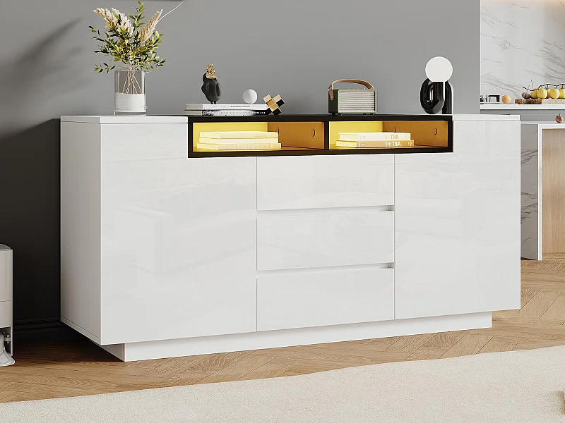 Aparador brilhante 140x60x48 cm - 2 portas e 3 gavetas - com LED - Prateleiras ajustáveis - Branco + Preto