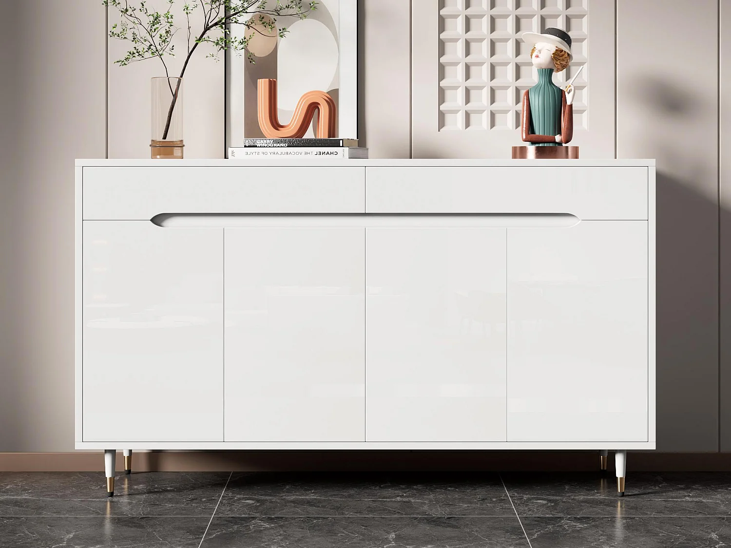 Meuble à chaussures moderne 140x39x84 cm - 2 portes et 2 tiroirs - Étagères réglables - Pieds dorés - Blanc