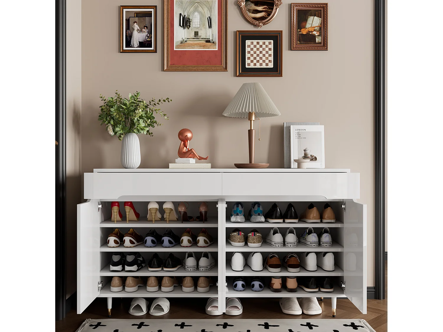 Meuble à chaussures moderne 140x39x84 cm - 2 portes et 2 tiroirs - Étagères réglables - Pieds dorés - Blanc