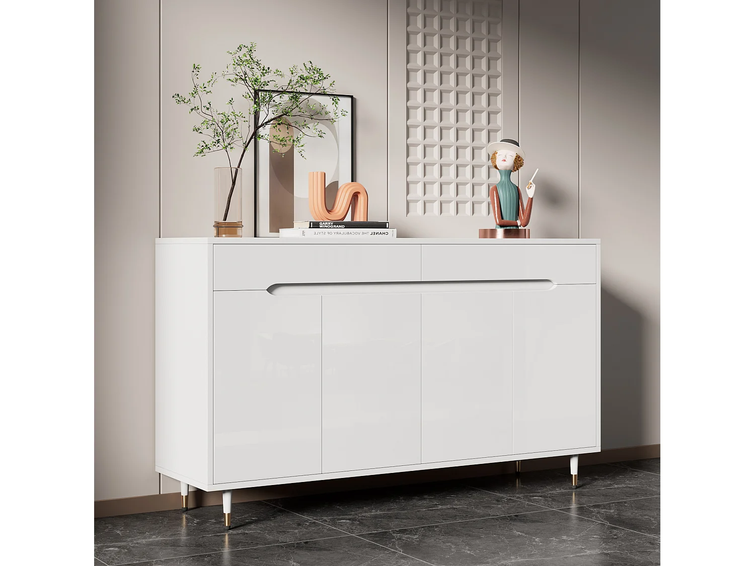 Meuble à chaussures moderne 140x39x84 cm - 2 portes et 2 tiroirs - Étagères réglables - Pieds dorés - Blanc