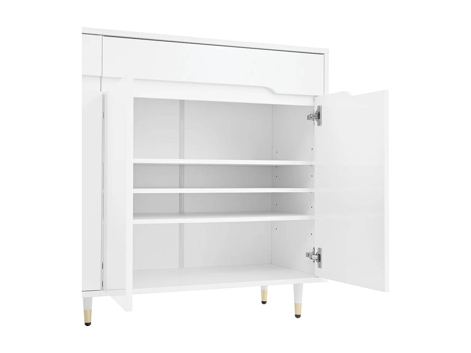 Meuble à chaussures moderne 140x39x84 cm - 2 portes et 2 tiroirs - Étagères réglables - Pieds dorés - Blanc