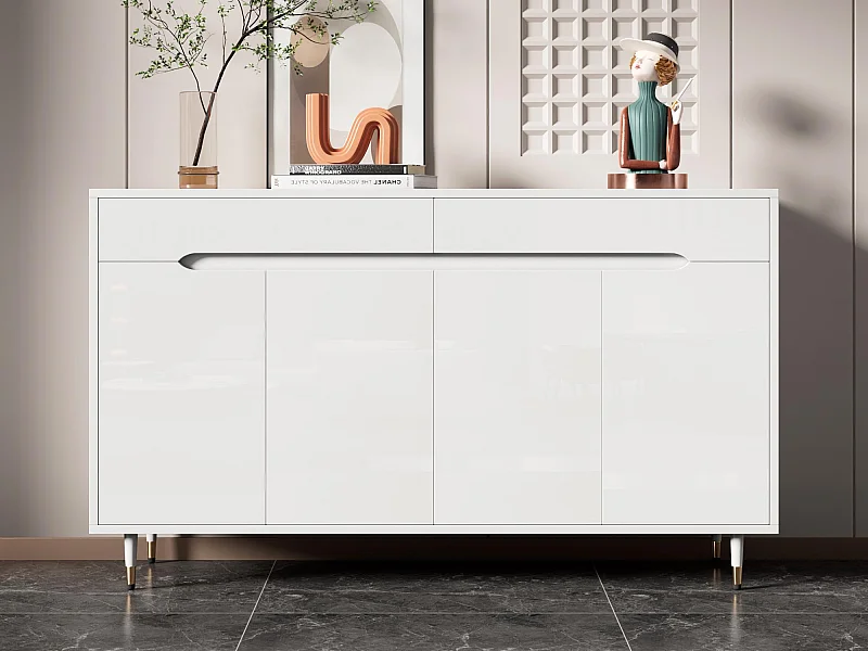 Moderner Schuhschrank 140x39x84 cm - 2 Türen und 2 Schubladen - Verstellbare Regale - Goldene Füße - Weiß