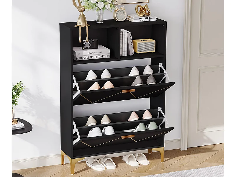 Schuhschrank 80x25x117 cm - mit 2 Klapptüren - mit 2 halboffenen Regalen - MDF + Metall - Schwarz