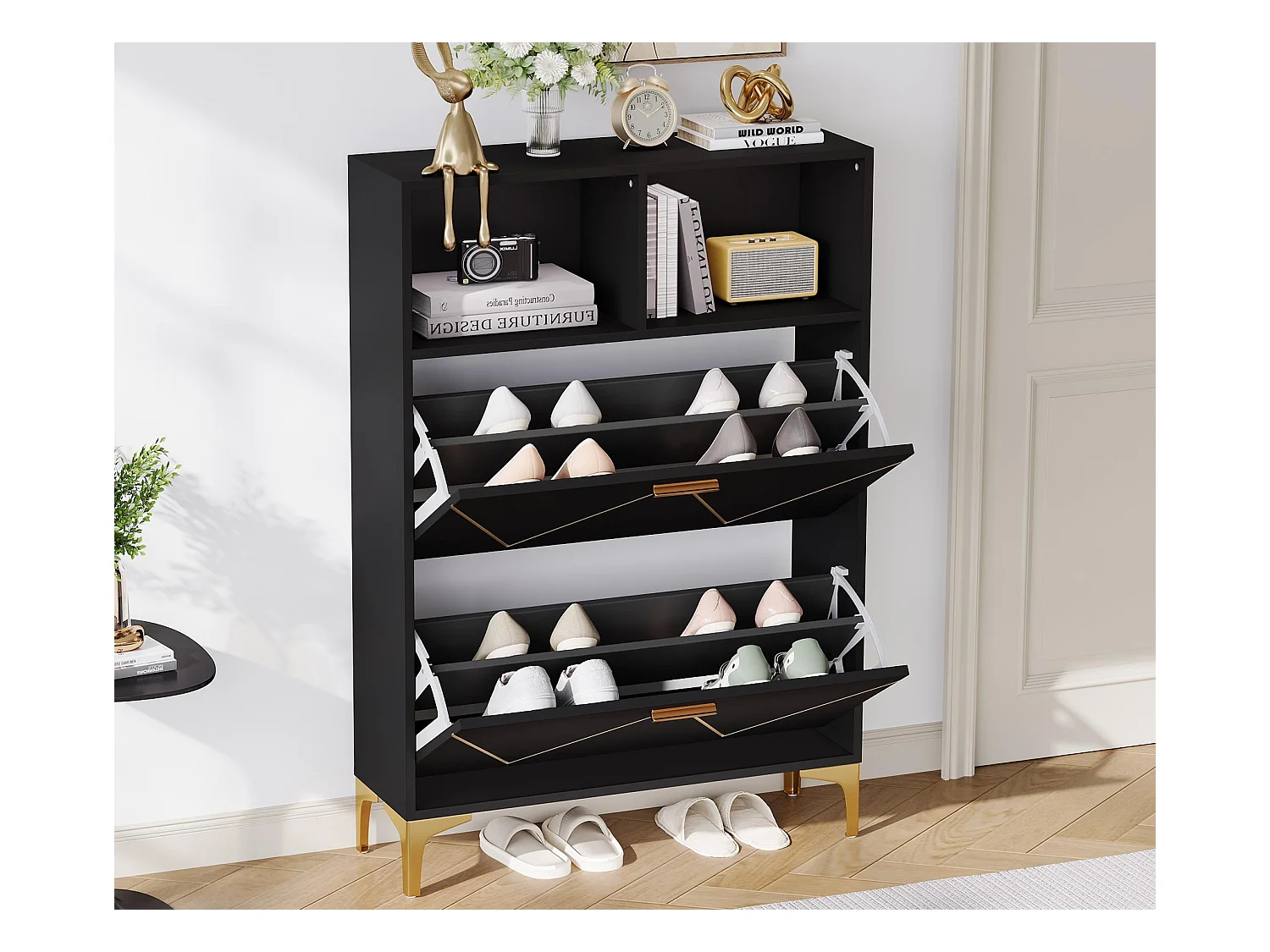 Meuble à chaussures 80x25x117cm - avec 2 portes abattantes - avec 2 étagères semi-ouvertes - MDF + Métal - Noir