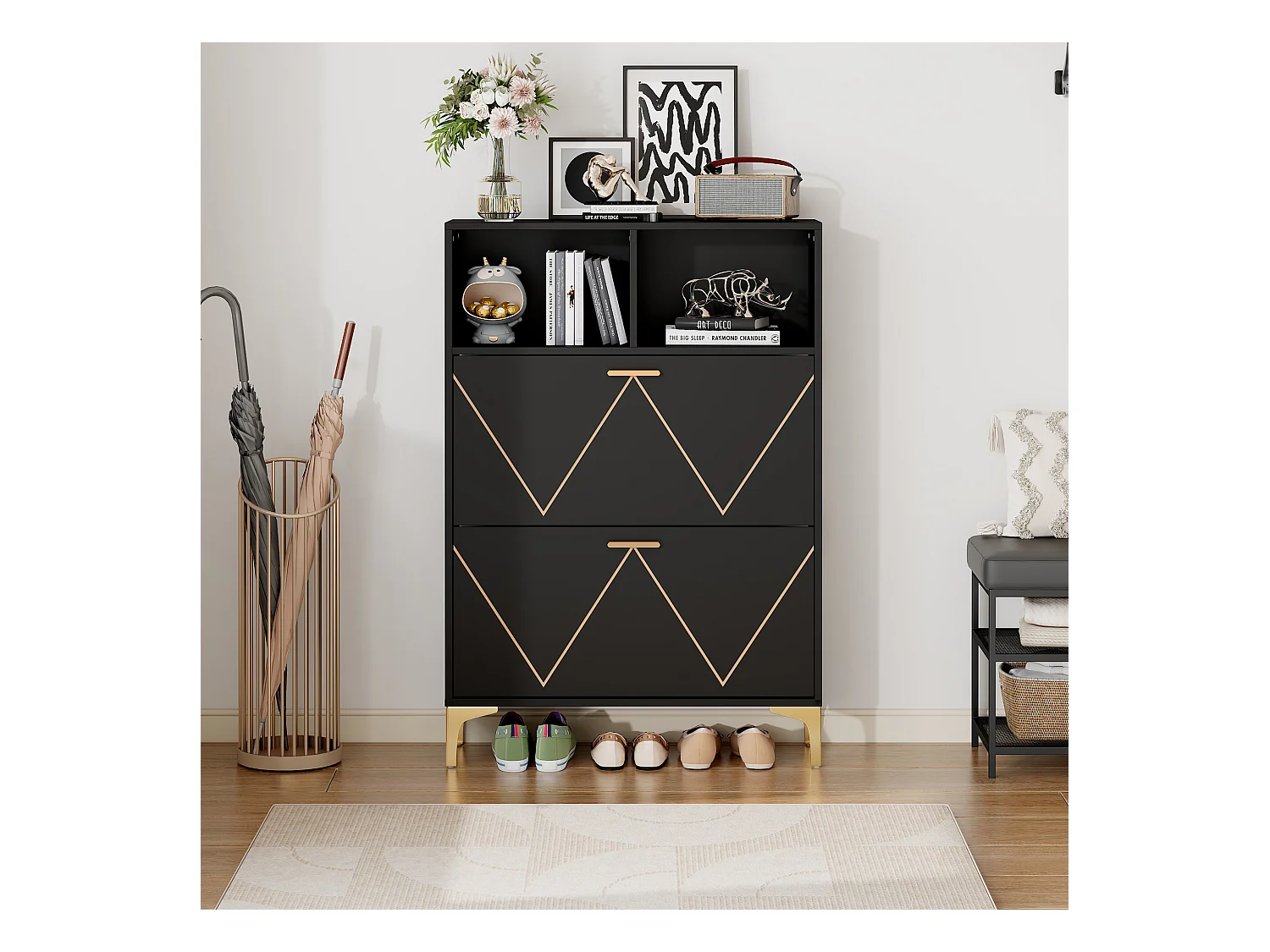 Meuble à chaussures 80x25x117cm - avec 2 portes abattantes - avec 2 étagères semi-ouvertes - MDF + Métal - Noir