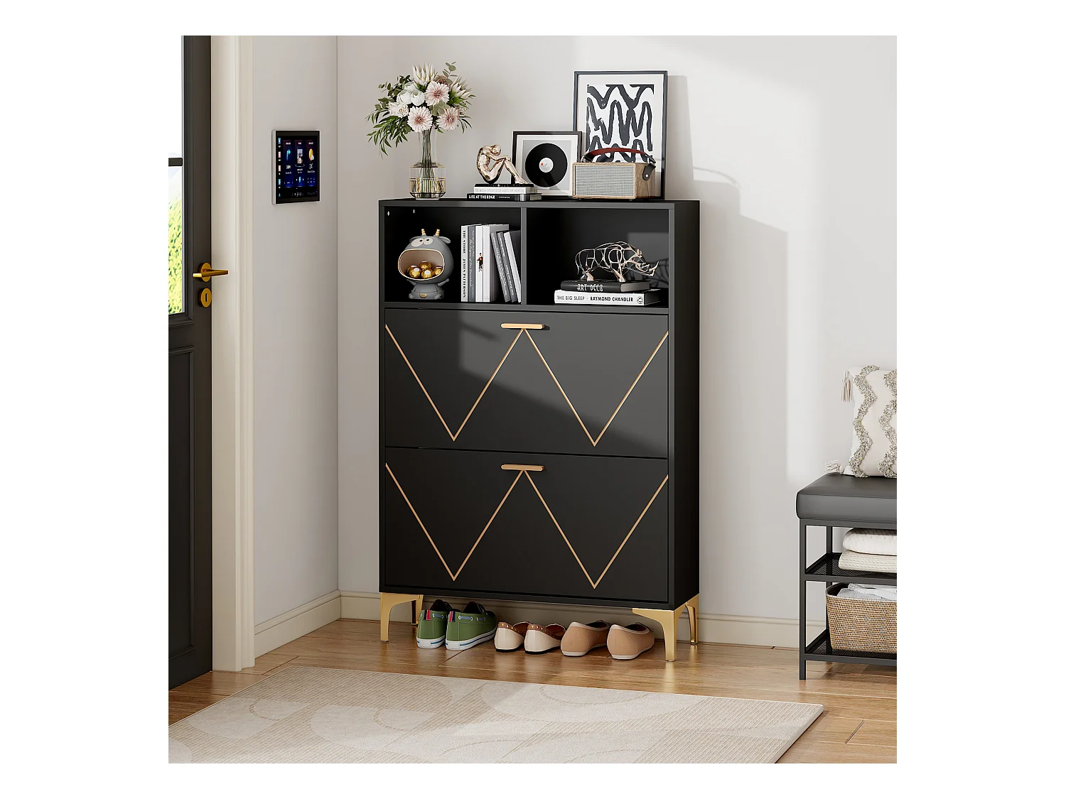 Meuble à chaussures 80x25x117cm - avec 2 portes abattantes - avec 2 étagères semi-ouvertes - MDF + Métal - Noir