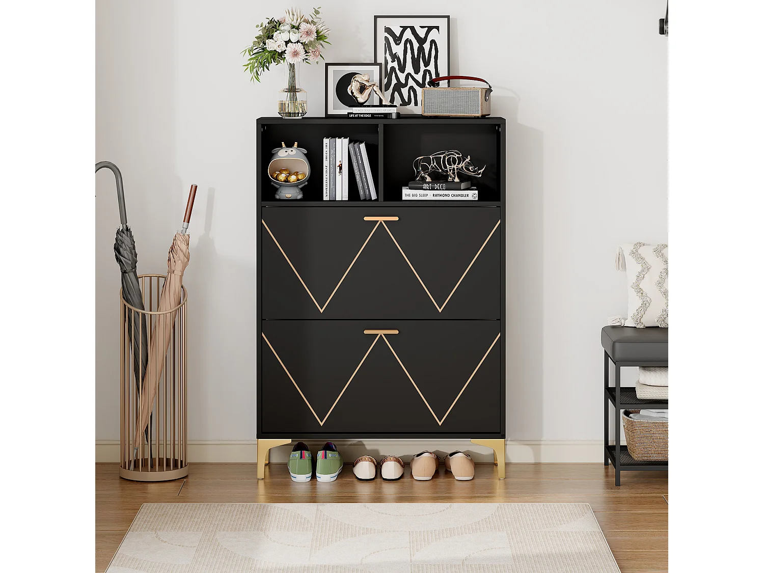 Mobile per scarpe 80x25x117 cm - con 2 ante battenti - con 2 ripiani semi-aperti - MDF + Metallo - Nero