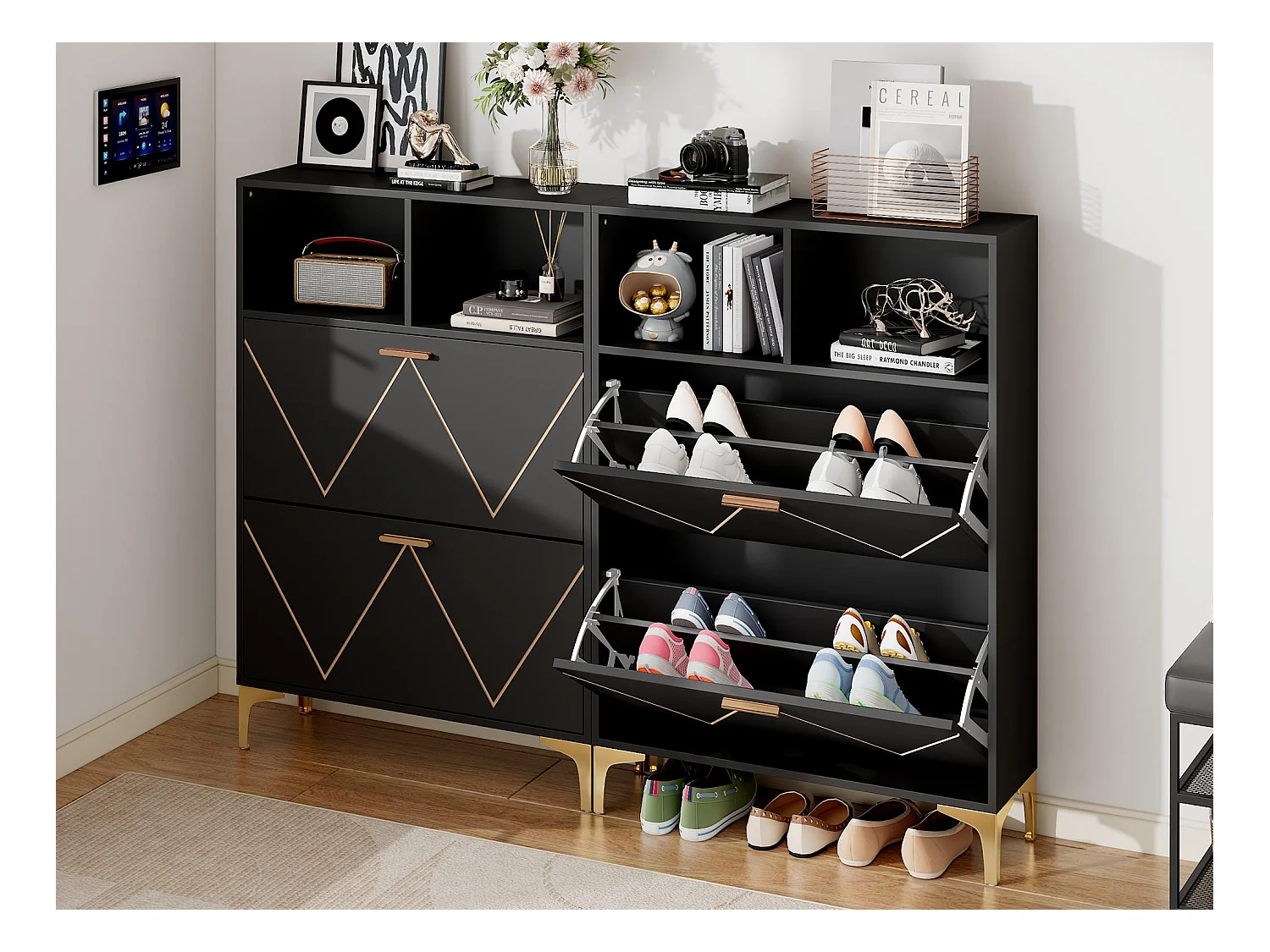 Meuble à chaussures 80x25x117cm - avec 4 portes abattantes - avec 4 étagères semi-ouvertes - MDF + Métal - Noir