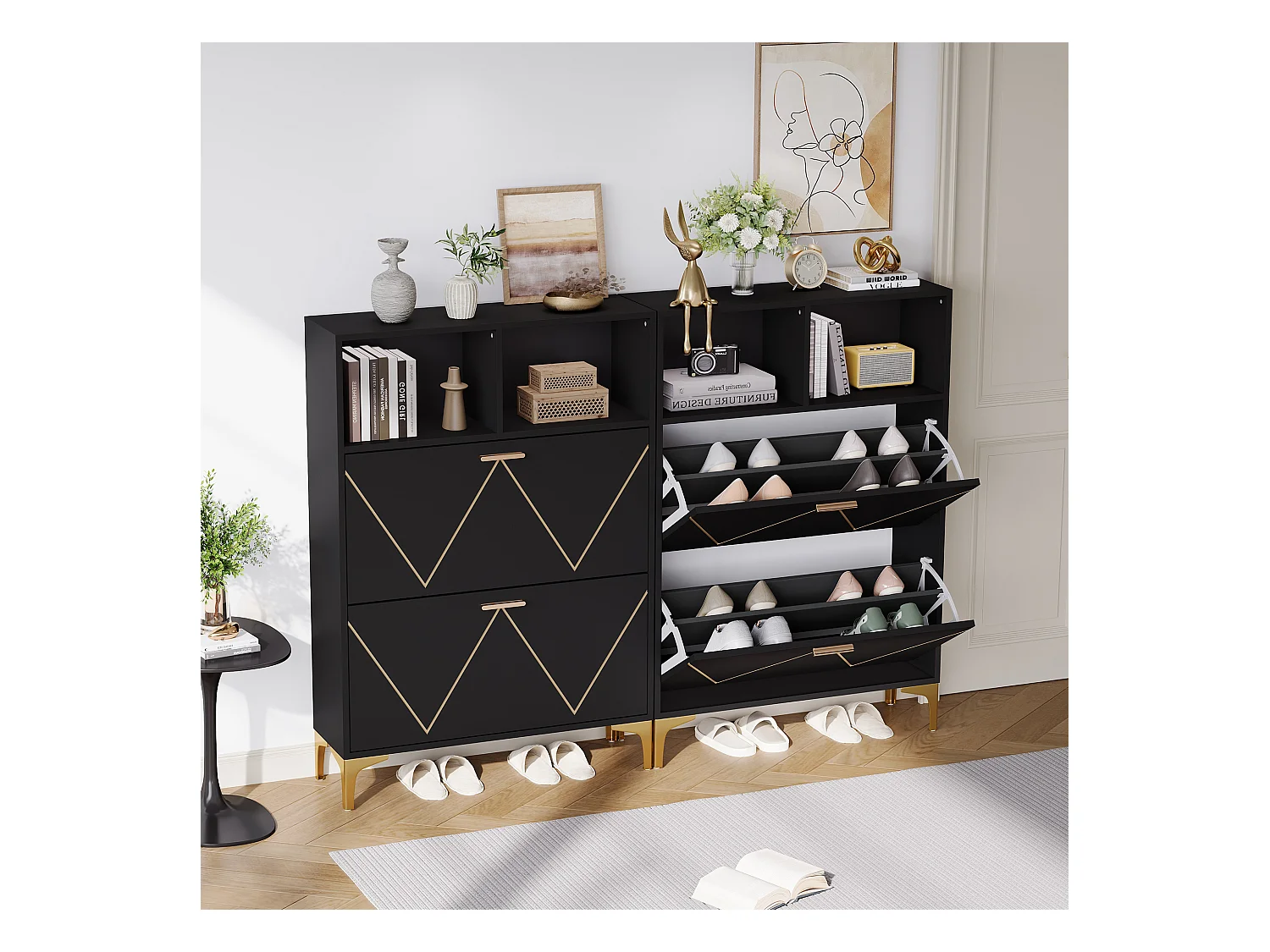 Meuble à chaussures 80x25x117cm - avec 4 portes abattantes - avec 4 étagères semi-ouvertes - MDF + Métal - Noir