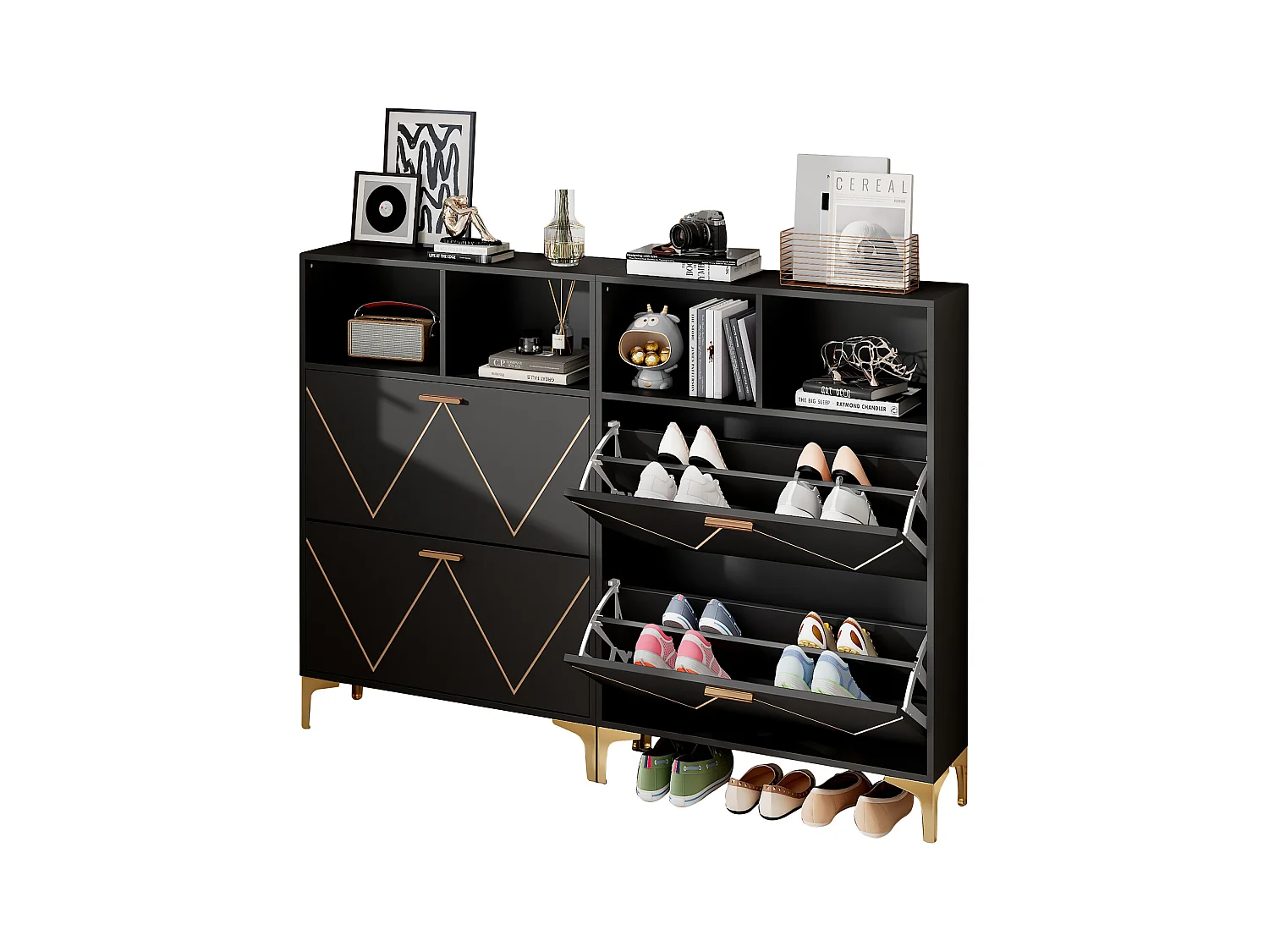 Meuble à chaussures 80x25x117cm - avec 4 portes abattantes - avec 4 étagères semi-ouvertes - MDF + Métal - Noir