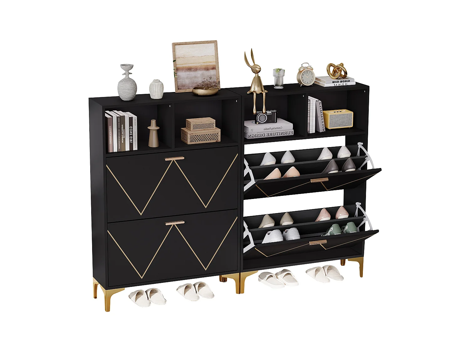 Meuble à chaussures 80x25x117cm - avec 4 portes abattantes - avec 4 étagères semi-ouvertes - MDF + Métal - Noir