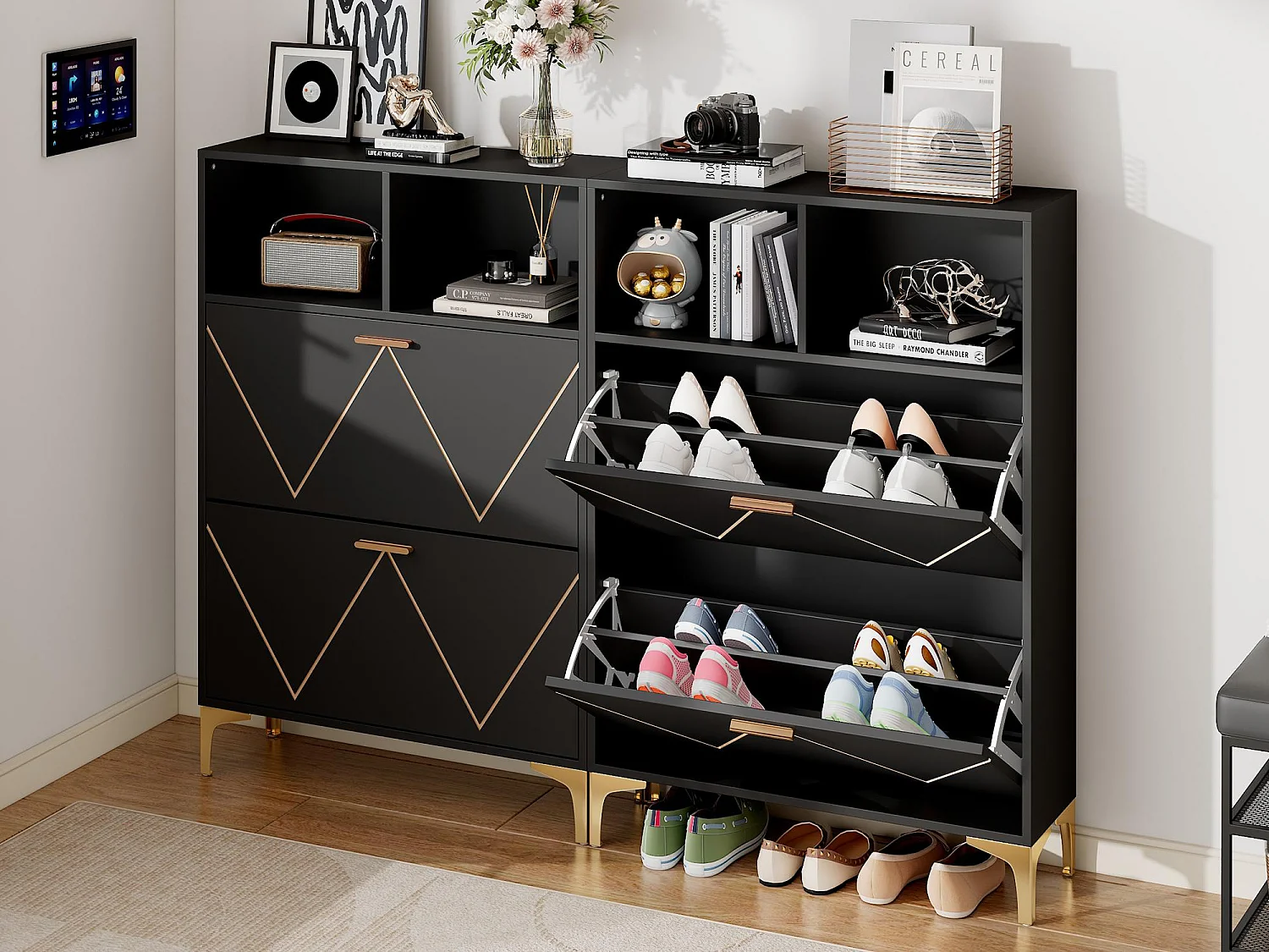 Mobile per scarpe 80x25x117 cm - con 4 ante battenti - con 4 ripiani semi-aperti - MDF + Metallo - Nero