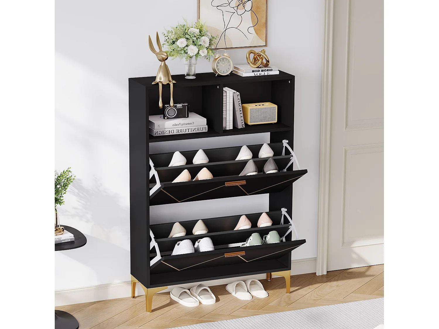 Mobile per scarpe 80x25x117 cm - con 4 ante battenti - con 4 ripiani semi-aperti - MDF + Metallo - Nero