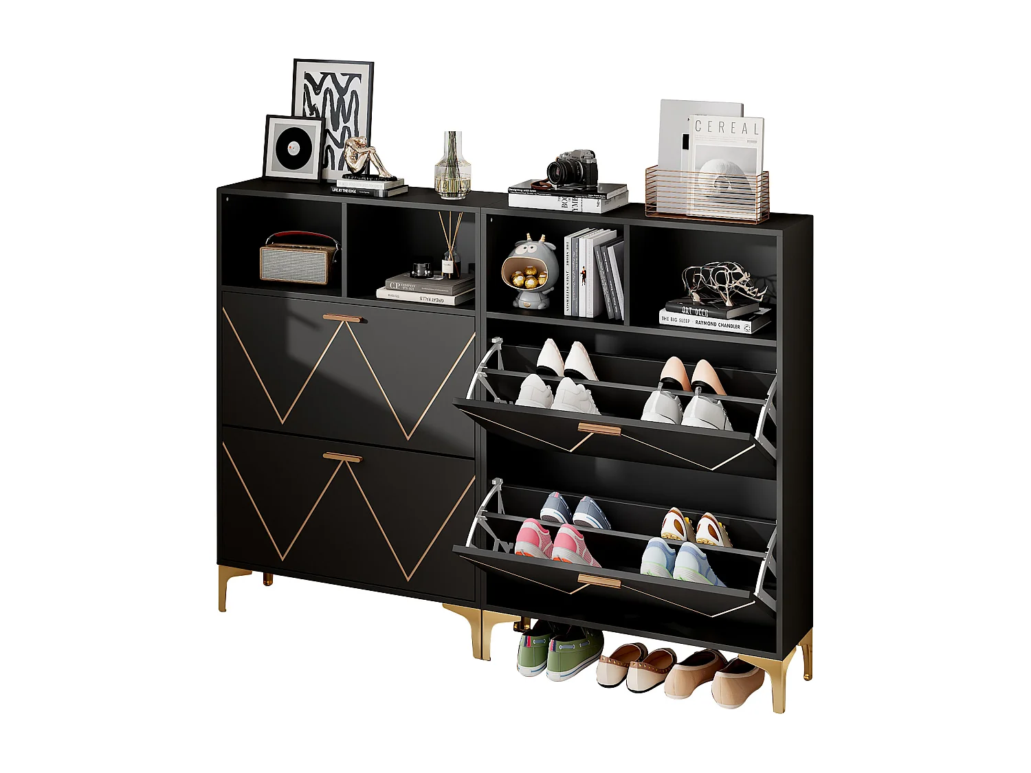 Mobile per scarpe 80x25x117 cm - con 4 ante battenti - con 4 ripiani semi-aperti - MDF + Metallo - Nero