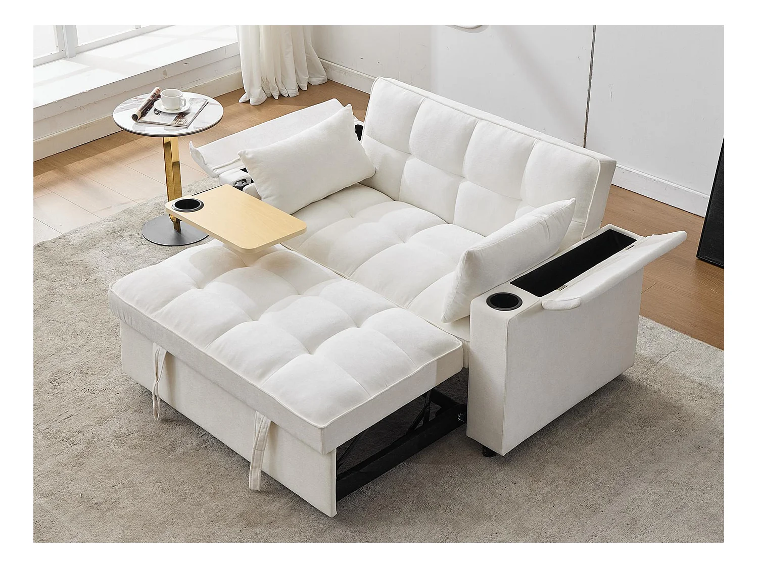 Canapé convertible 2 personnes 140.5x74x82 cm - Dossier réglable - Port USB - Porte-gobelet - Petite table d'appoint - Beige