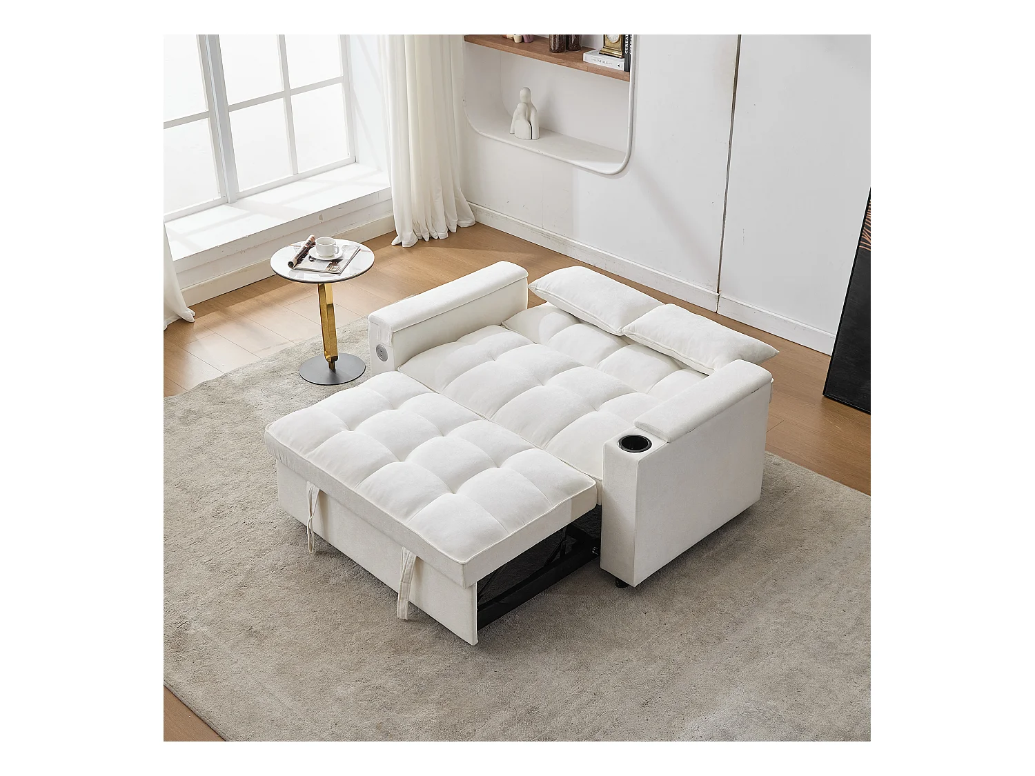 Canapé convertible 2 personnes 140.5x74x82 cm - Dossier réglable - Port USB - Porte-gobelet - Petite table d'appoint - Beige