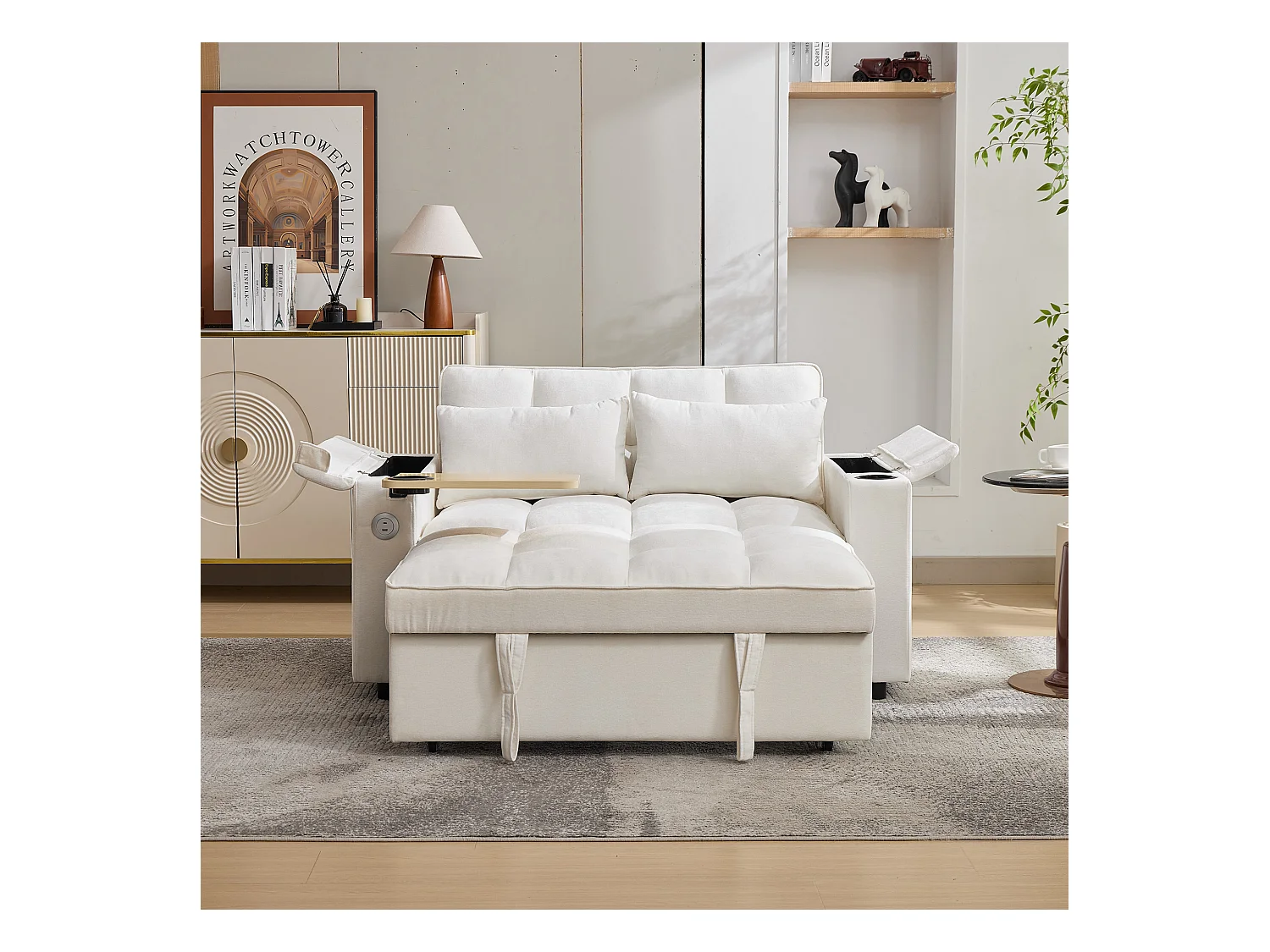 Canapé convertible 2 personnes 140.5x74x82 cm - Dossier réglable - Port USB - Porte-gobelet - Petite table d'appoint - Beige