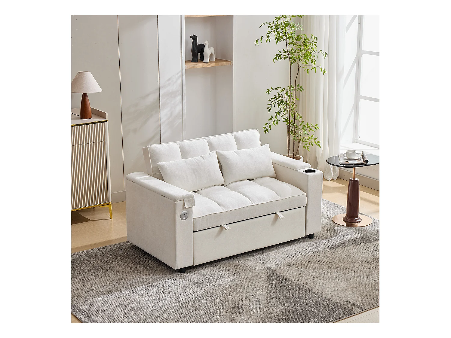 Canapé convertible 2 personnes 140.5x74x82 cm - Dossier réglable - Port USB - Porte-gobelet - Petite table d'appoint - Beige