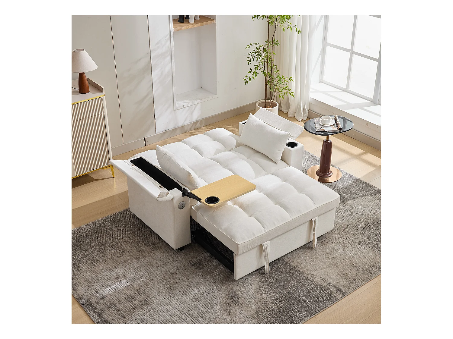 Canapé convertible 2 personnes 140.5x74x82 cm - Dossier réglable - Port USB - Porte-gobelet - Petite table d'appoint - Beige